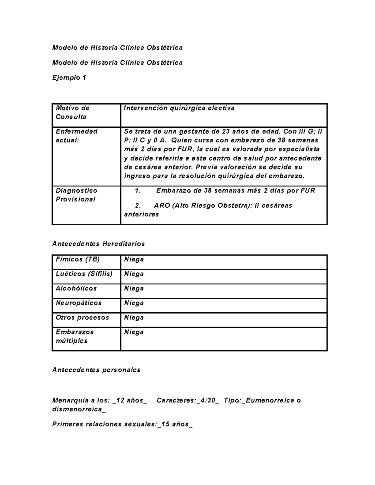 Puerperio Modelo de Historia Clinica Obs - Modelo de Historia Clínica  Obstétrica Modelo de Historia - Studocu