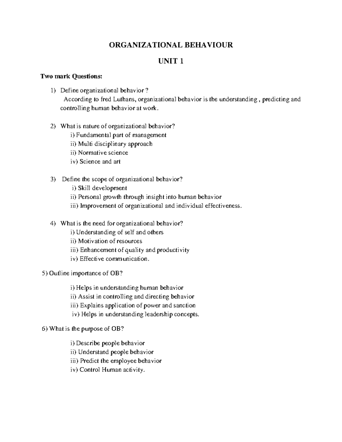 OB - Topics - ORGANIZATIONAL BEHAVIOUR UNIT 1 Two mark Questions ...