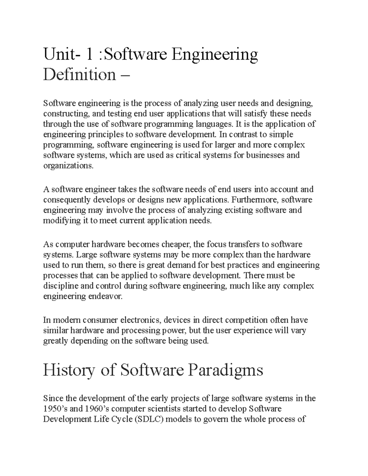 Unit 1 stware eng Try this notes for your exam Unit 1 Software Engineering Definition