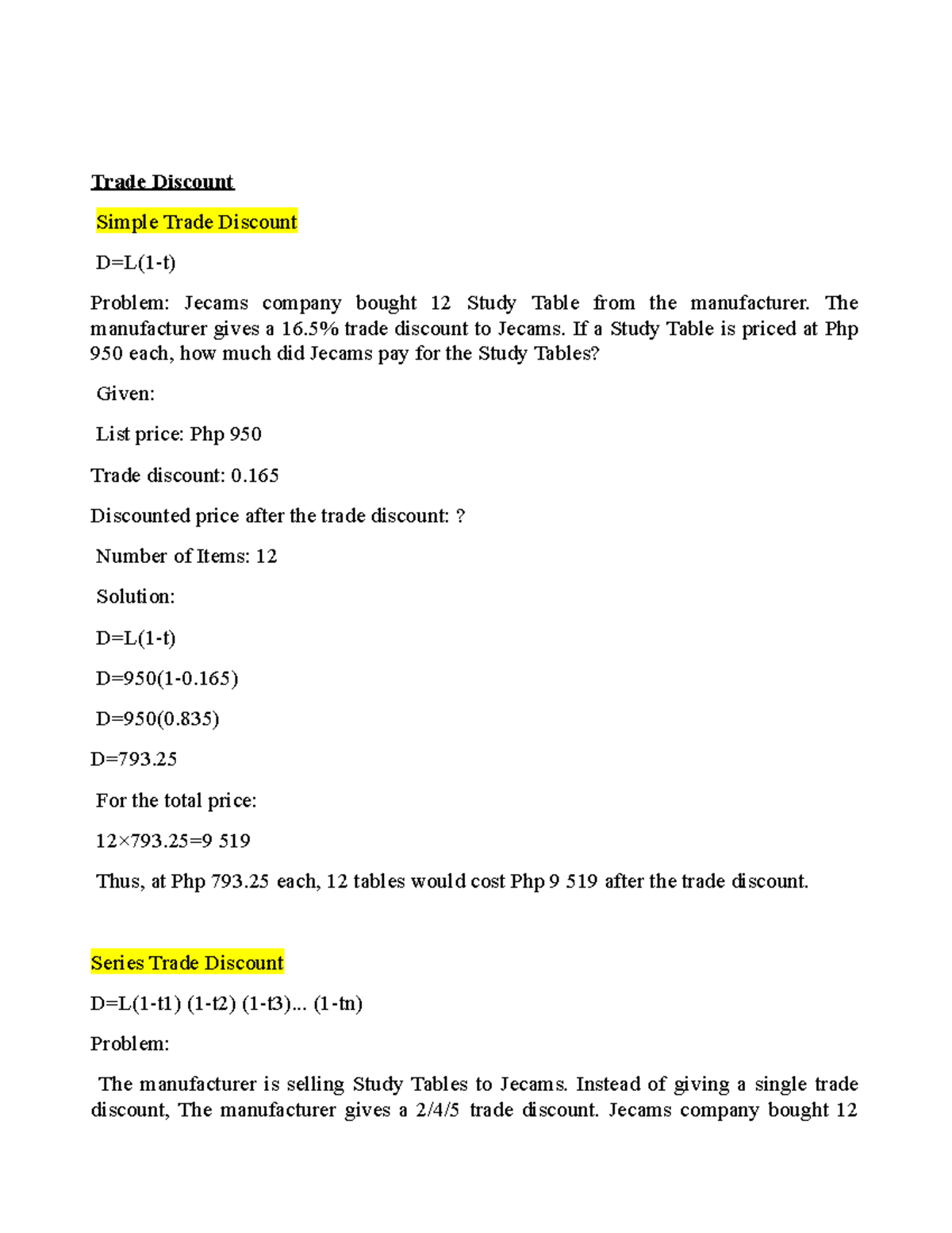 Busmath Trade Discount,(Own Problems and Answer with Solutions) Trade