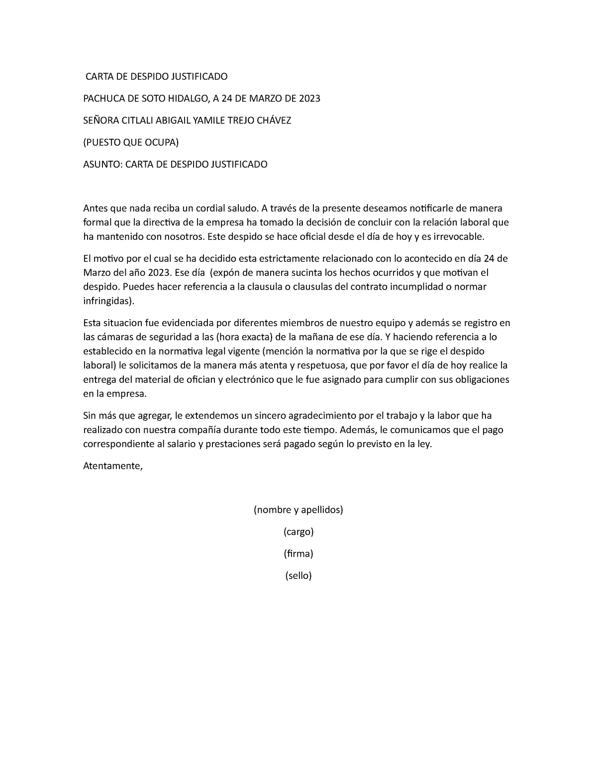 Carta DE Despido Justificado - CARTA DE DESPIDO JUSTIFICADO PACHUCA DE ...