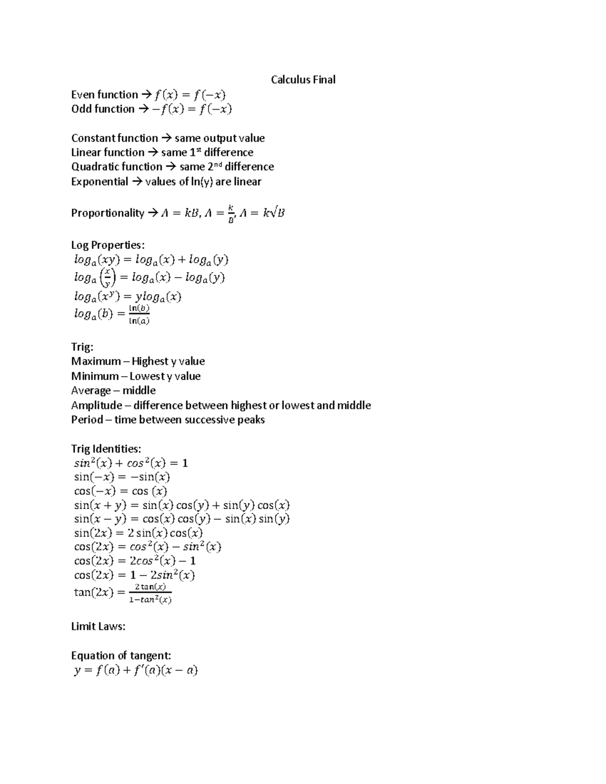 MATH 127 Properties - Calculus Final Even function à 𝑓(𝑥) = 𝑓(−𝑥) Odd ...