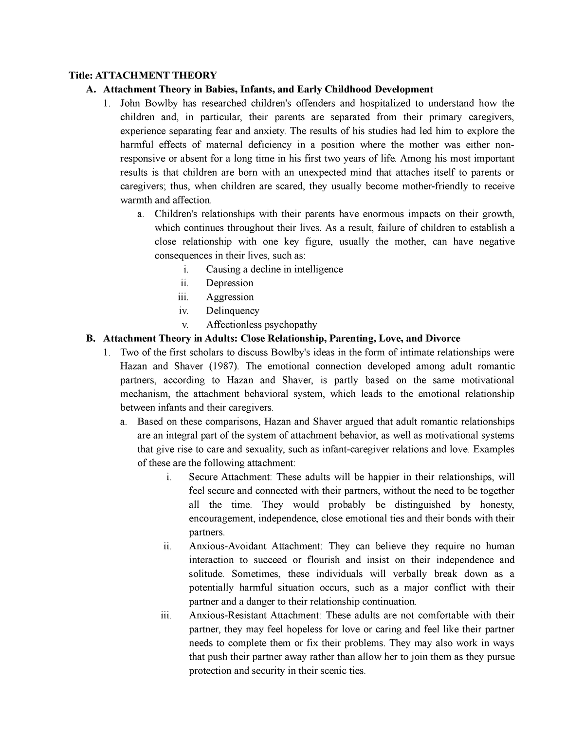 Attachment Theory - Title: ATTACHMENT THEORY A. Attachment Theory in ...