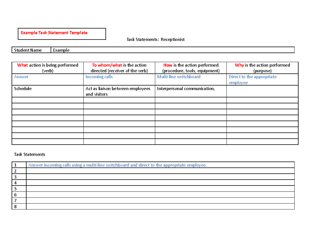 Task and KSAO statement example - Task Statements: Receptionist Student ...