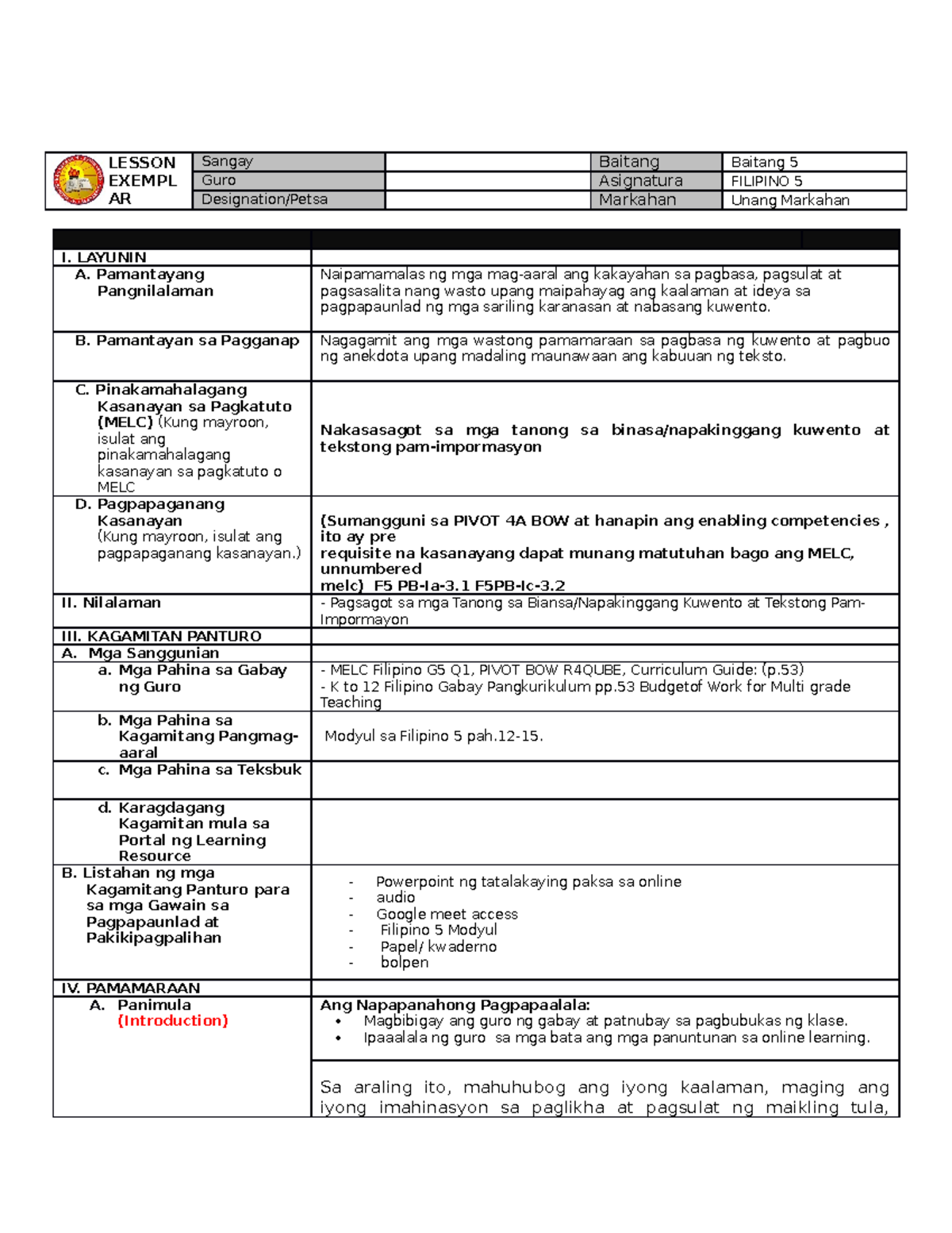 IDEA LE Filipino 5 -Q 1 W 3 - LESSON EXEMPL AR Baitang Asignatura ...