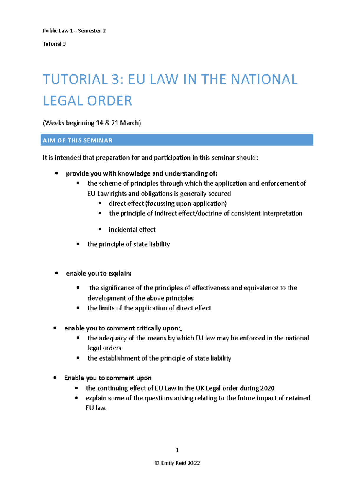 Tutorial 3 EU Law in the National Legal System - Tutorial 3 TUTORIAL 3 ...
