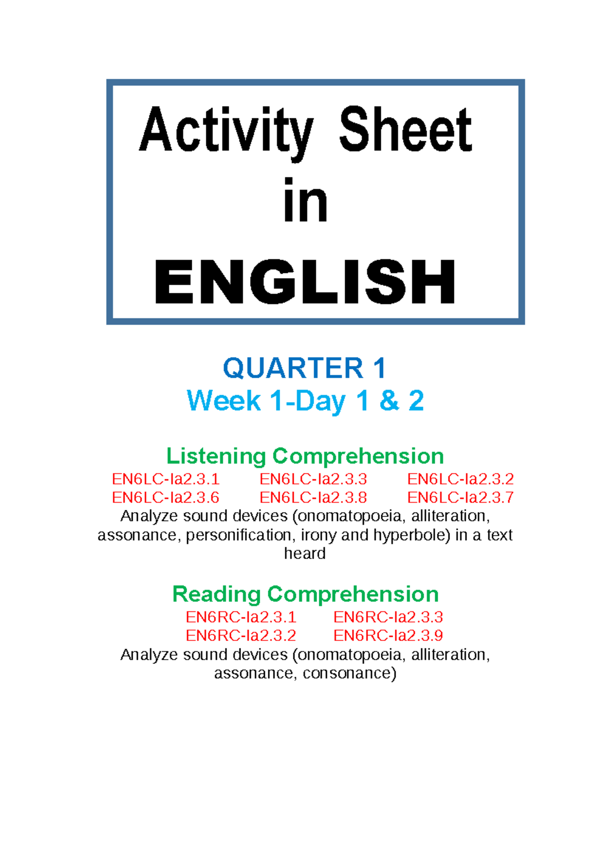 Activity sheet in english 6 q1 QUARTER 1 Week 1Day 1 & 2 Listening