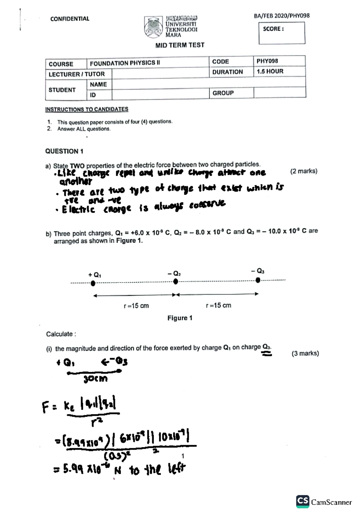 TEST PHY098 - 2020 - midterm test - Foundation Physics II - Studocu