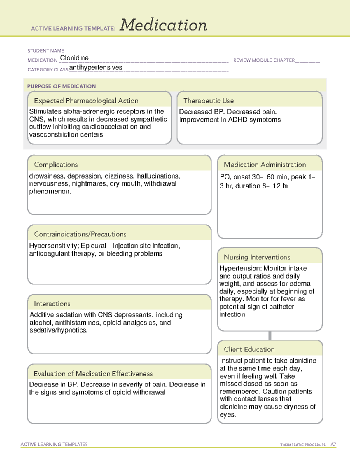 Clonidine - med sheet - ACTIVE LEARNING TEMPLATES TherapeuTic procedure ...