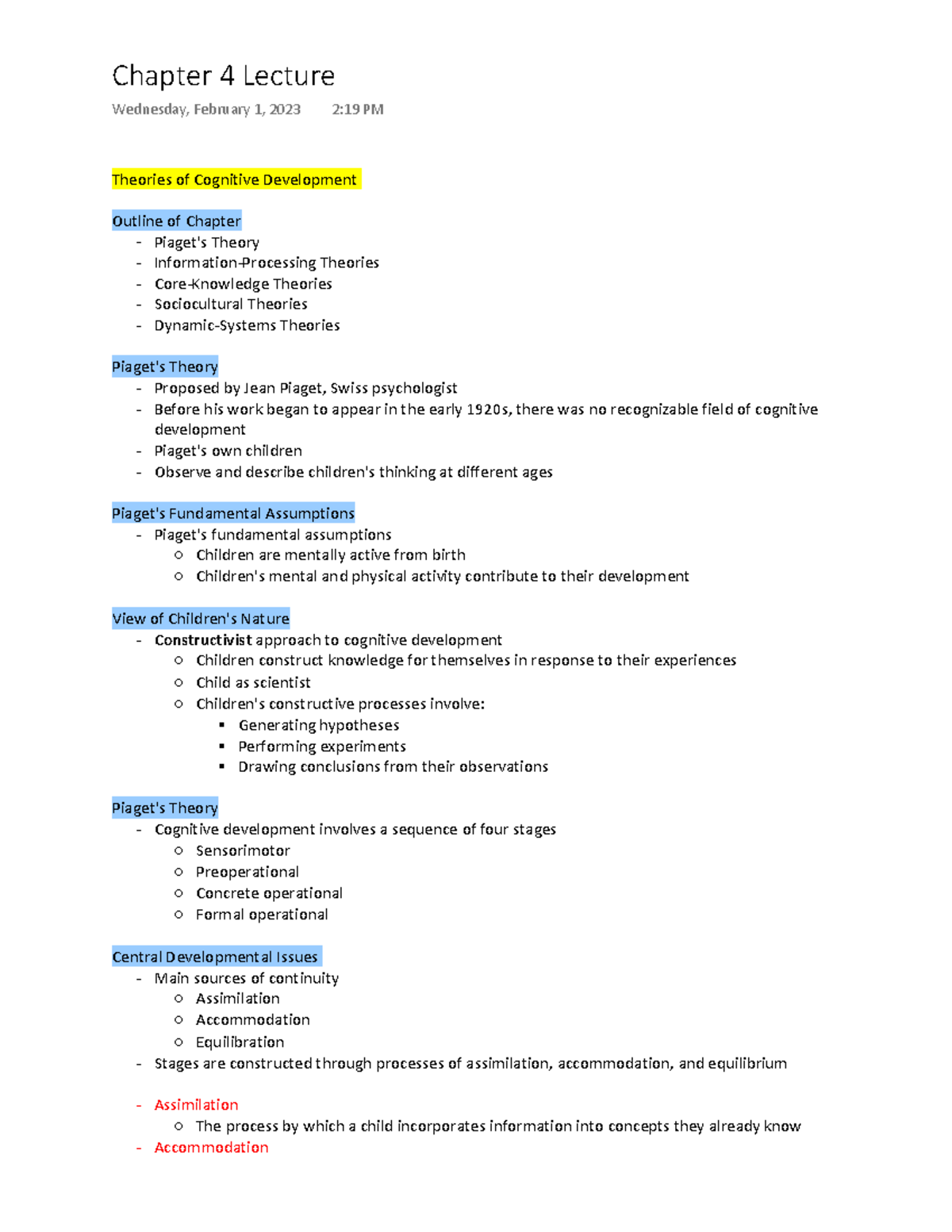 Psych 361 Chapter 4 Lecture - Theories of Cognitive Development Outline ...