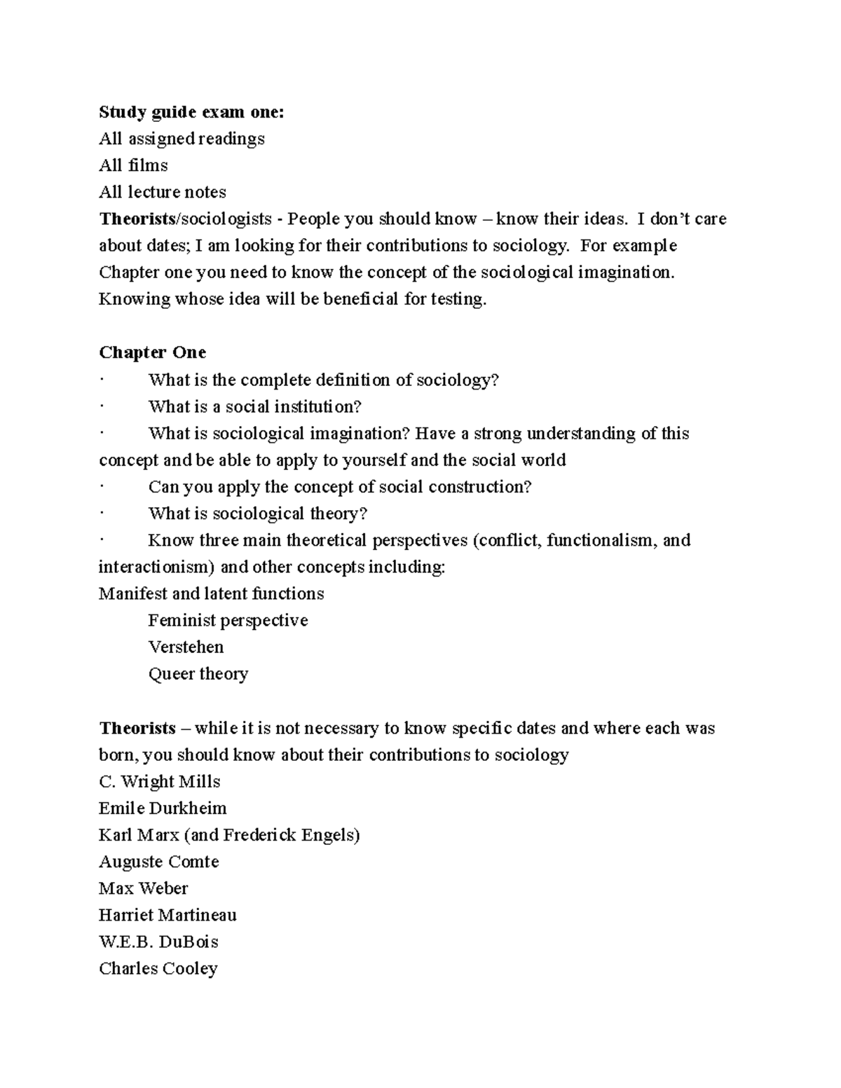 Exam One Study Guide - Study guide exam one: All assigned readings All ...
