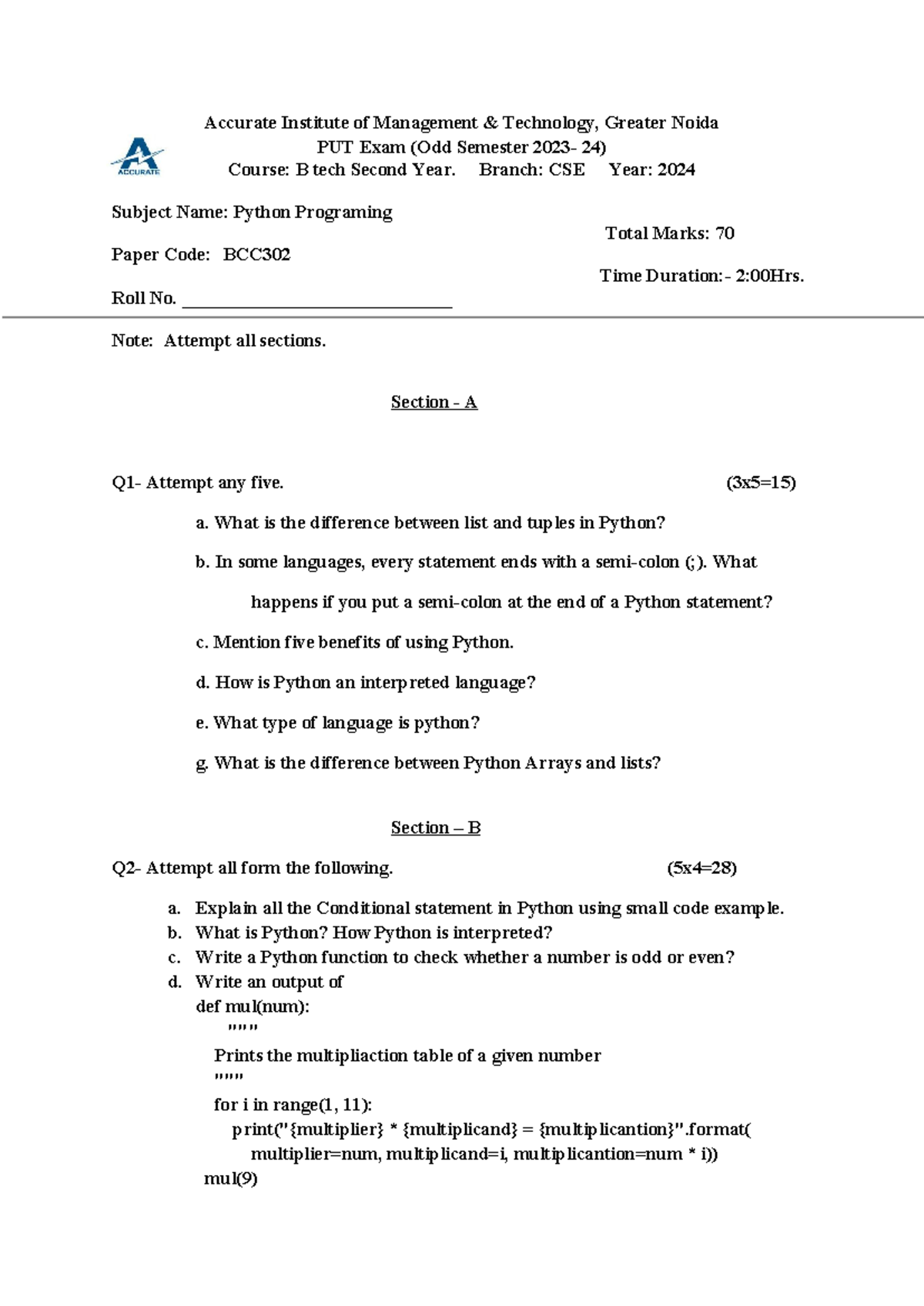 Python exam paper for year2nd - Accurate Institute of Management ...