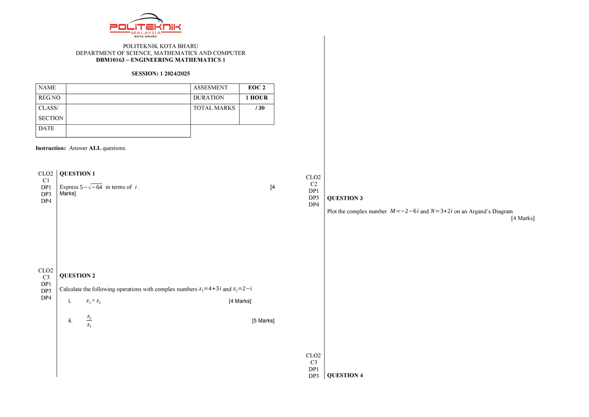 EOC 2 Question - tutorial - POLITEKNIK KOTA BHARU DEPARTMENT OF SCIENCE ...