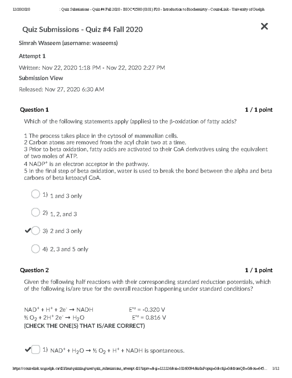 Quiz Submissions Quiz 4 Fall 2020 BIOC 2580 0101 F20 Introduction To ...