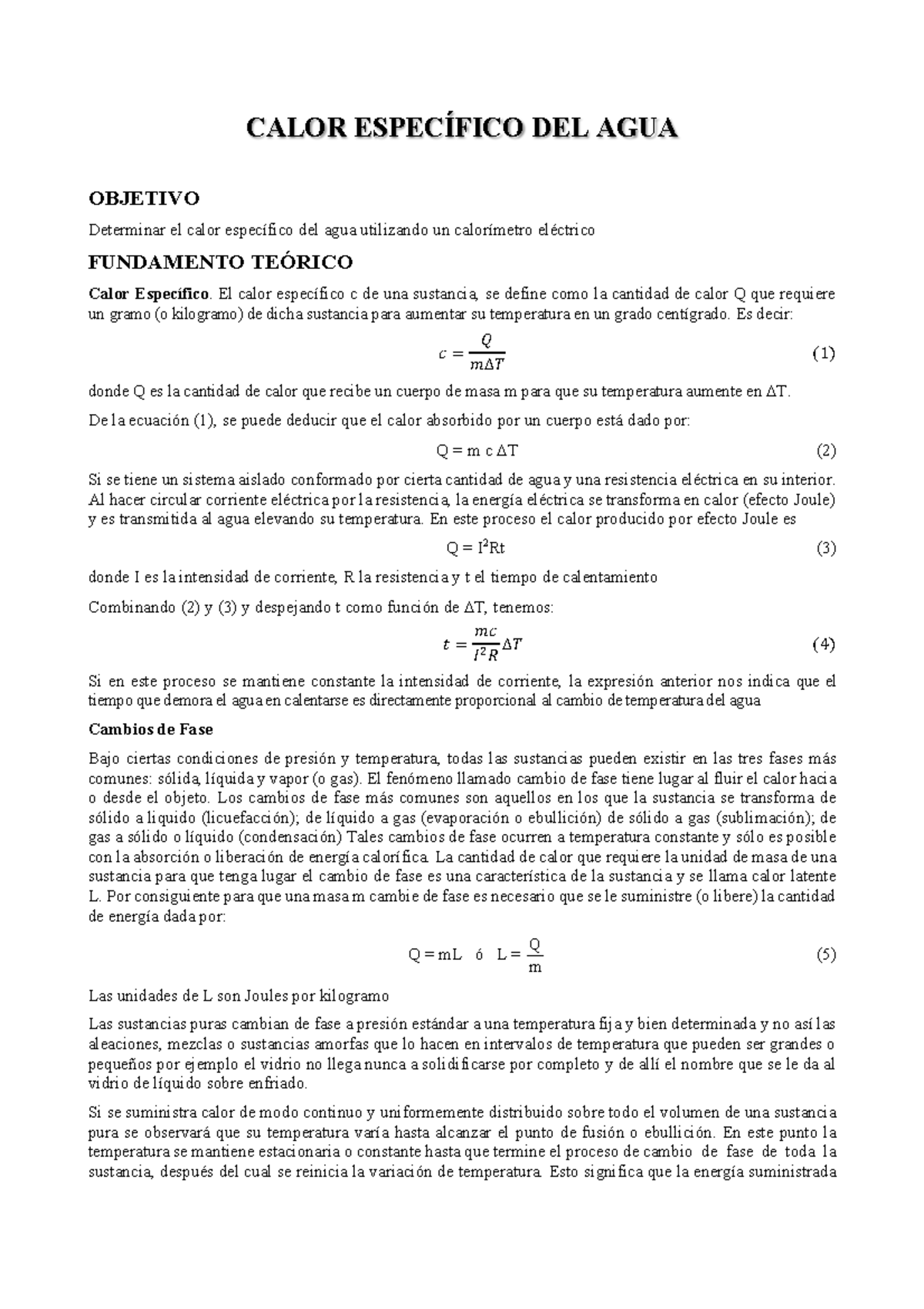 202320 Calor Específico DEL AGUA - CALOR ESPECÍFICO DEL AGUA OBJETIVO ...