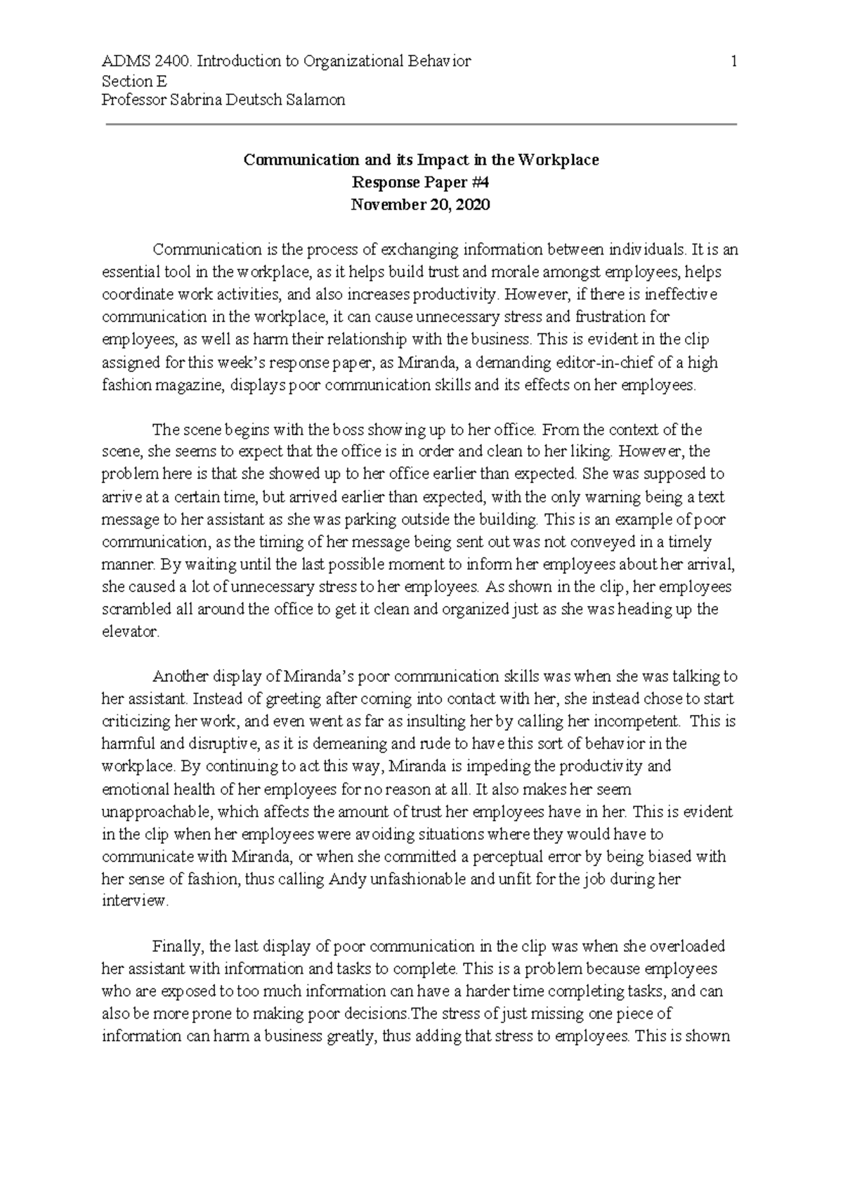 ADMS 2400 - Response Paper #4 - ADMS 2400. Introduction to ...