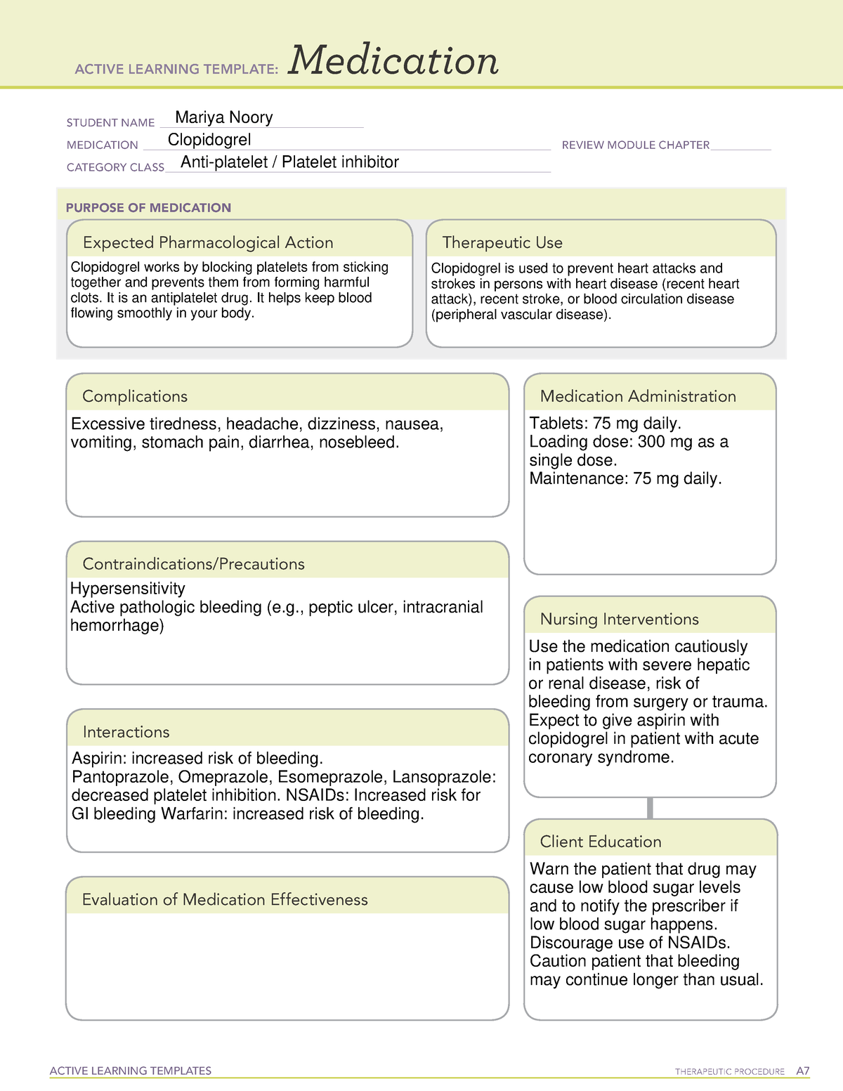 Active Learning Template medication Clopidogrel ACTIVE LEARNING