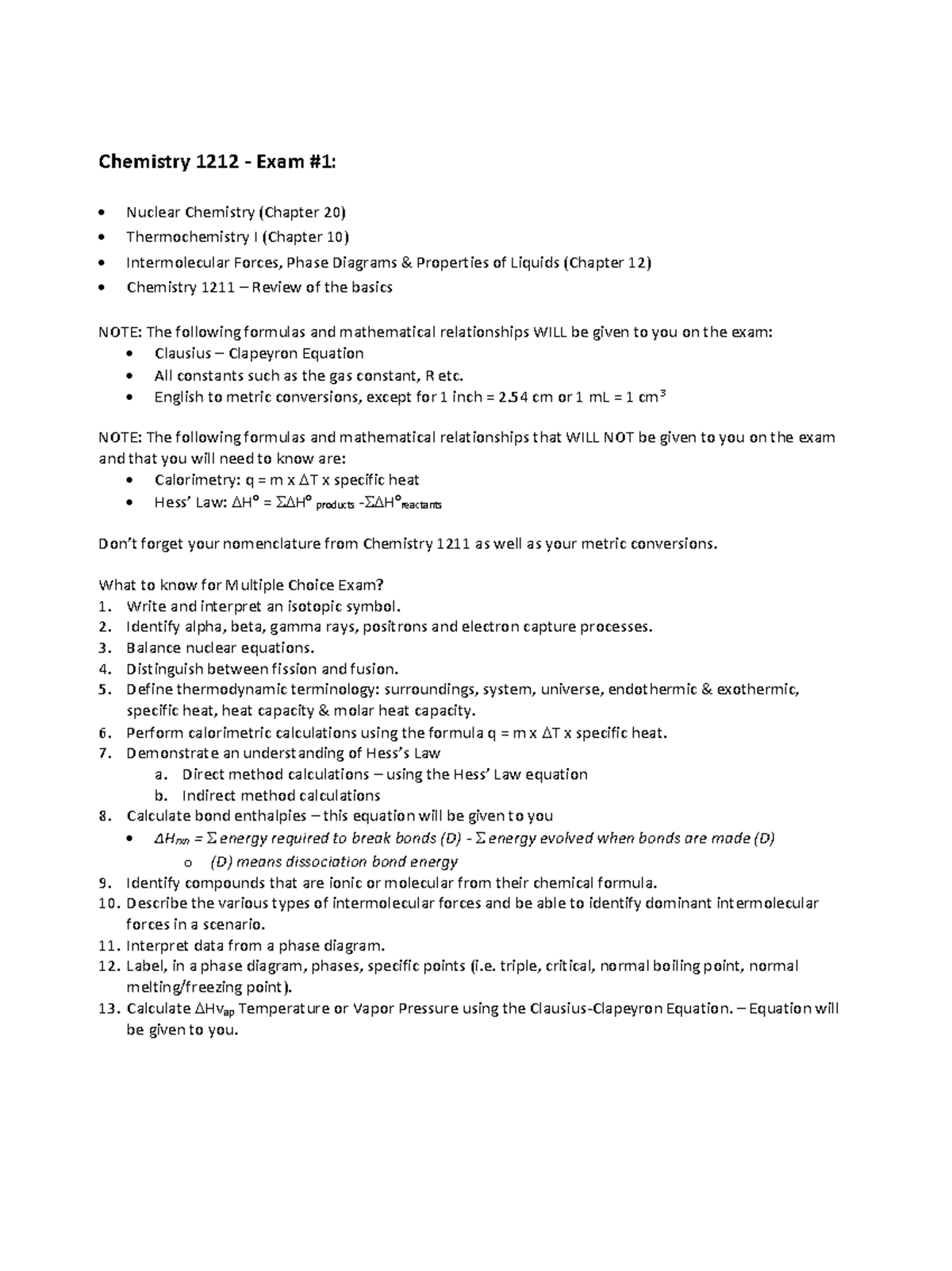 Chem 1212 fall 2020 study guide exam 1 - Chemistry 1212 - Exam #1 ...