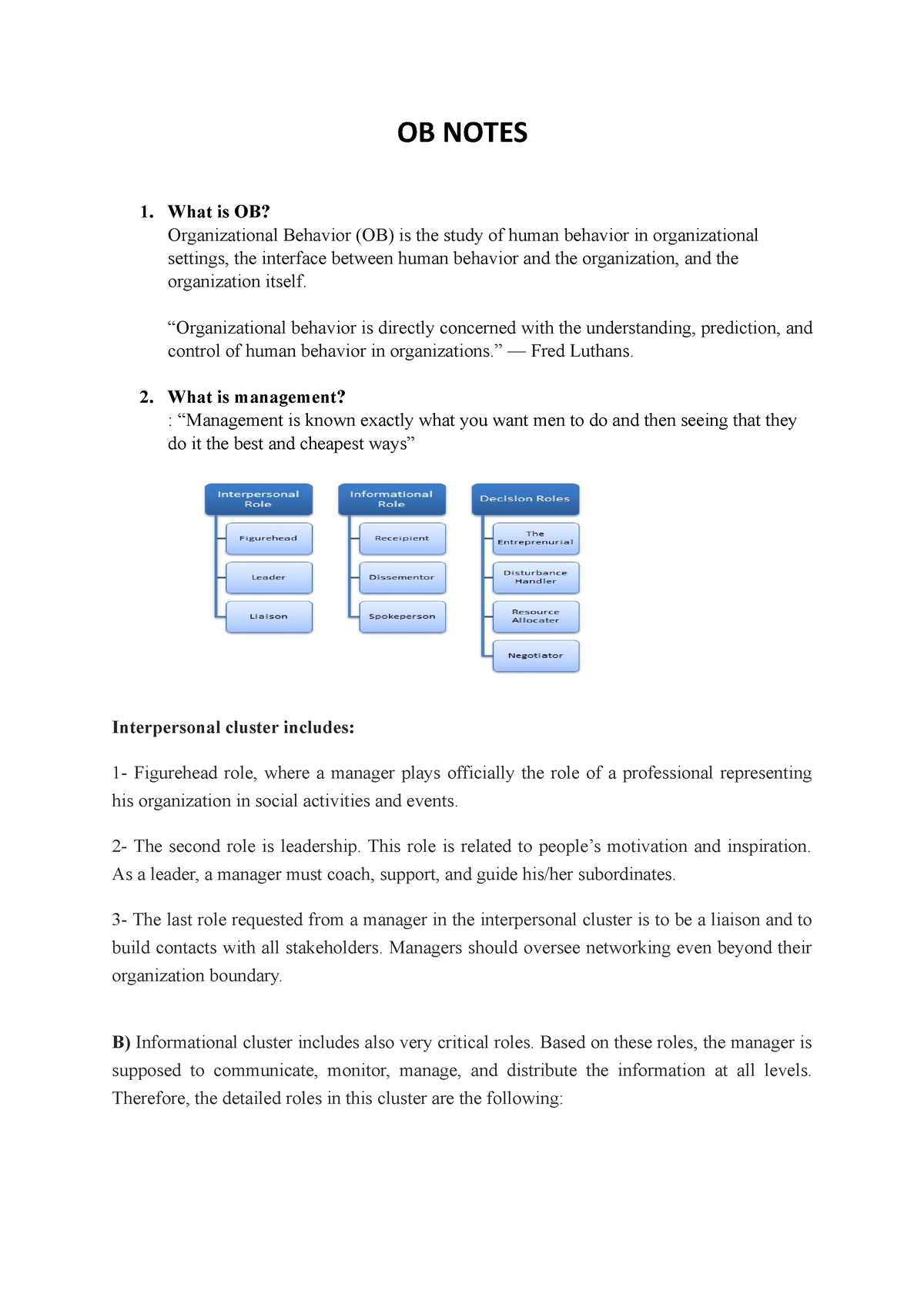 OB Notes - OB NOTES What Is OB? Organizational Behavior (OB) Is The ...