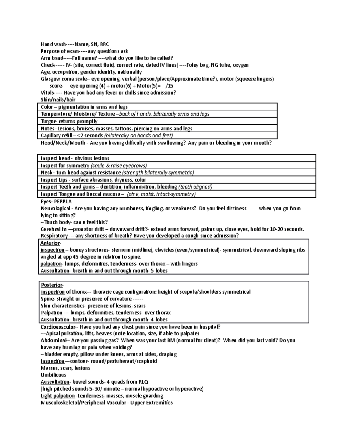 HA final sheet - head to toe assessment for clinicals - Hand SN, RRC ...