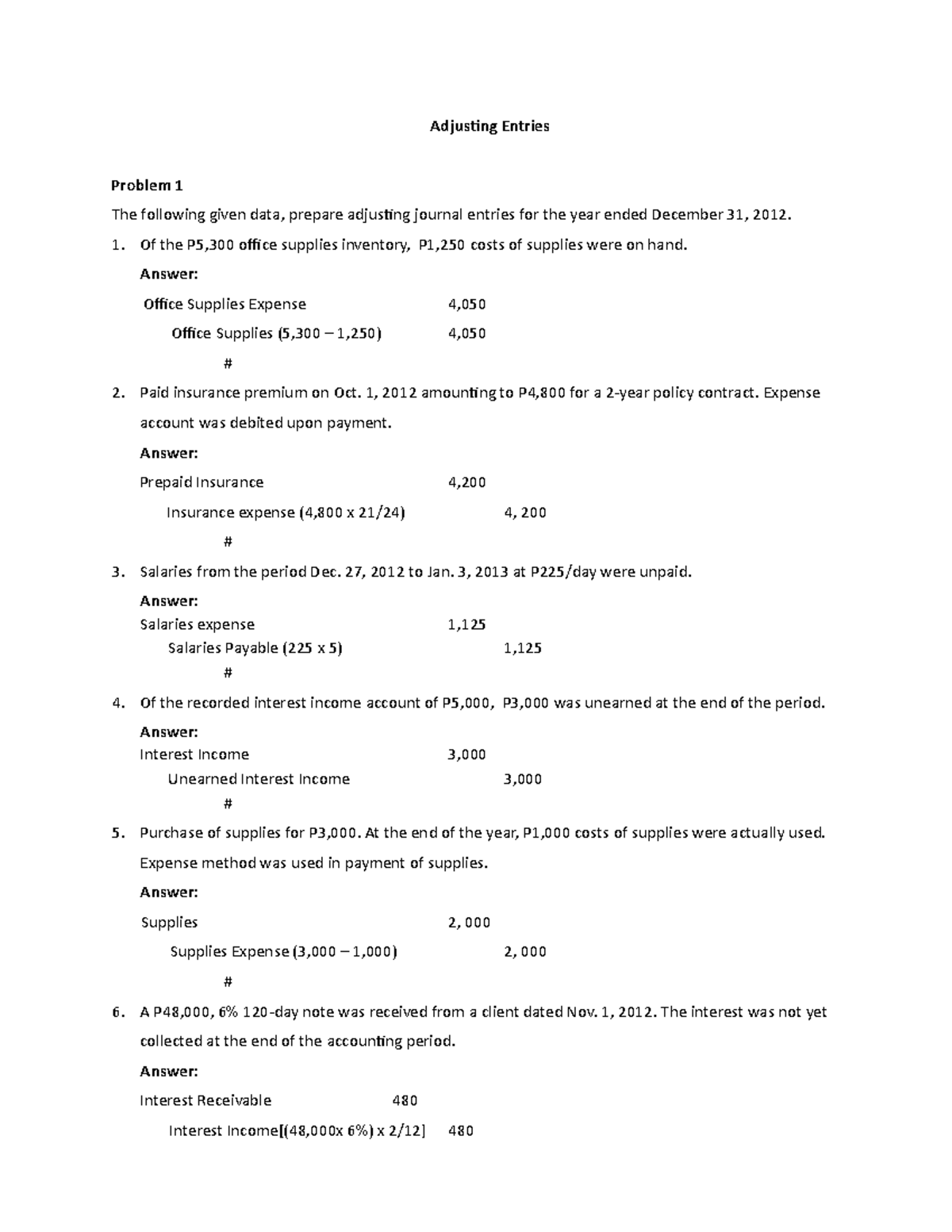 Advanced 1 Lecture Notes Adjusting Entries Problem 1 The Following