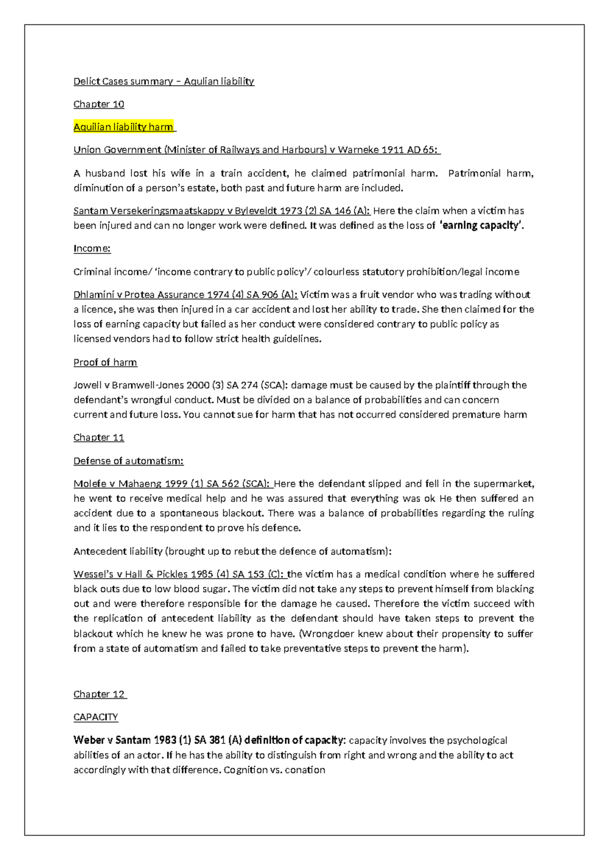 Delict Cases summary - Patrimonial harm, diminution of a person’s