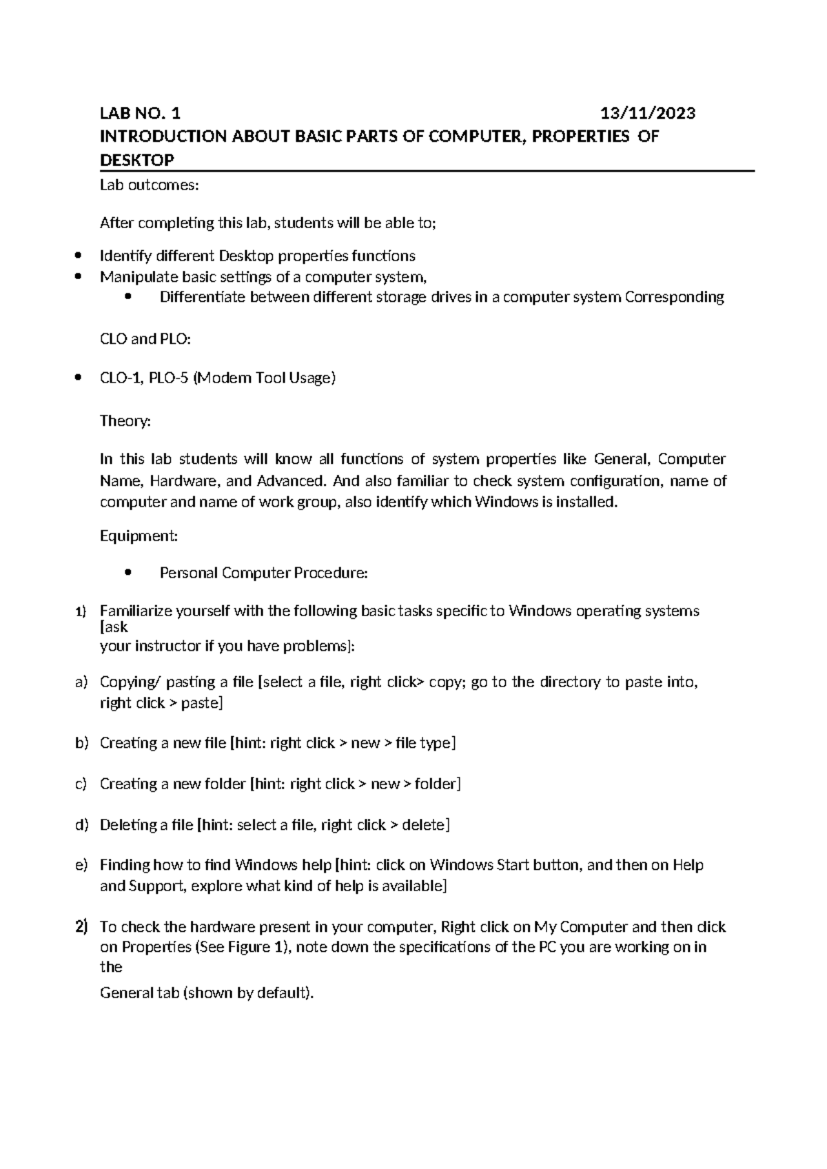 ICT - computer notes - LAB NO. 1 13/11/ INTRODUCTION ABOUT BASIC PARTS ...