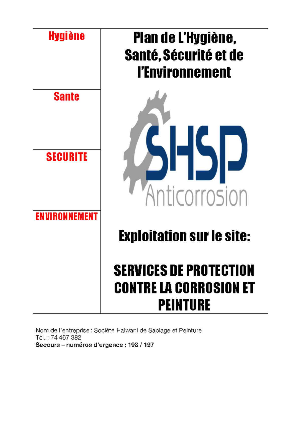 Hsse plan - Hygiène Plan de L’Hygiène, Santé, Sécurité et de l ...