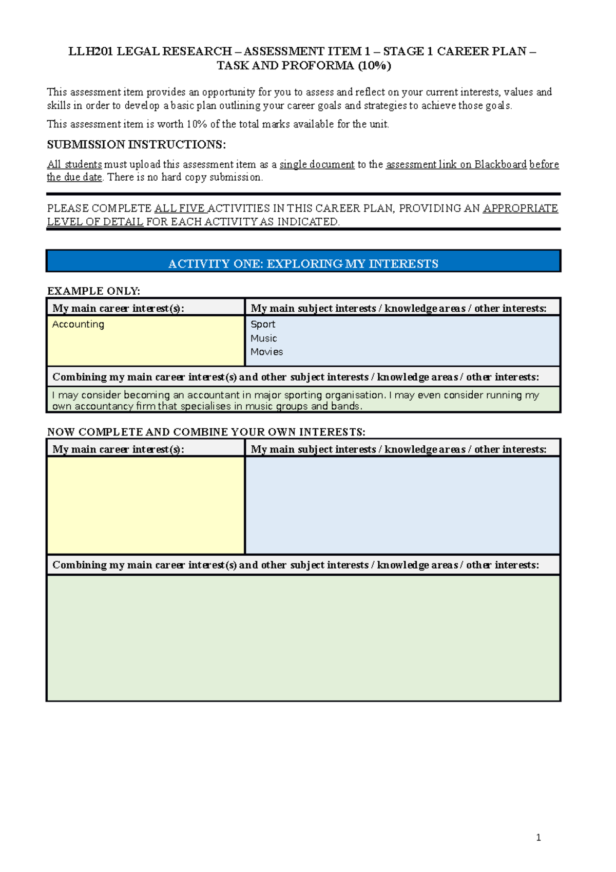 LLH201 Career Plan Task and Template - LLH201 LEGAL RESEARCH ...