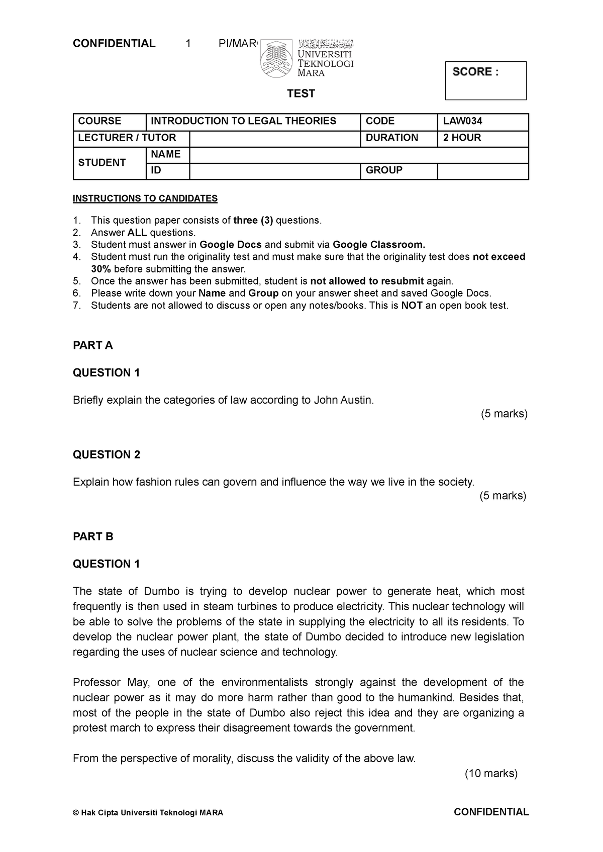 TEST LAW034 ( March 2022) - CONFIDENTIAL 1 PI/MARCH2022/LAW TEST COURSE ...