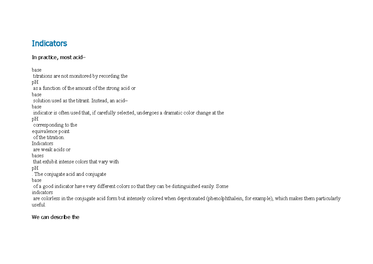 Indicators How indicator changes colour when acid or base is added