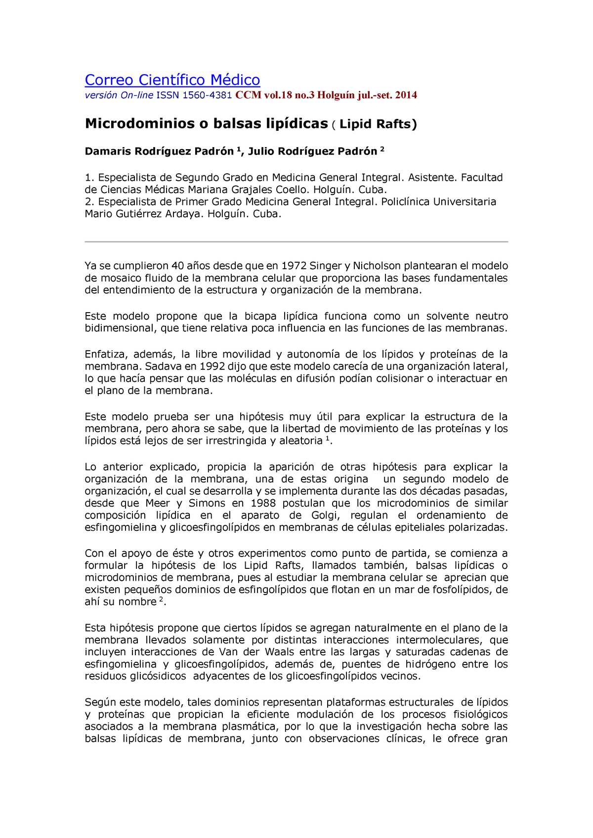 Balsas lipidicas. Modelo y correlacion clìnica . lectura complementaria -  Correo Científico Médico - Studocu