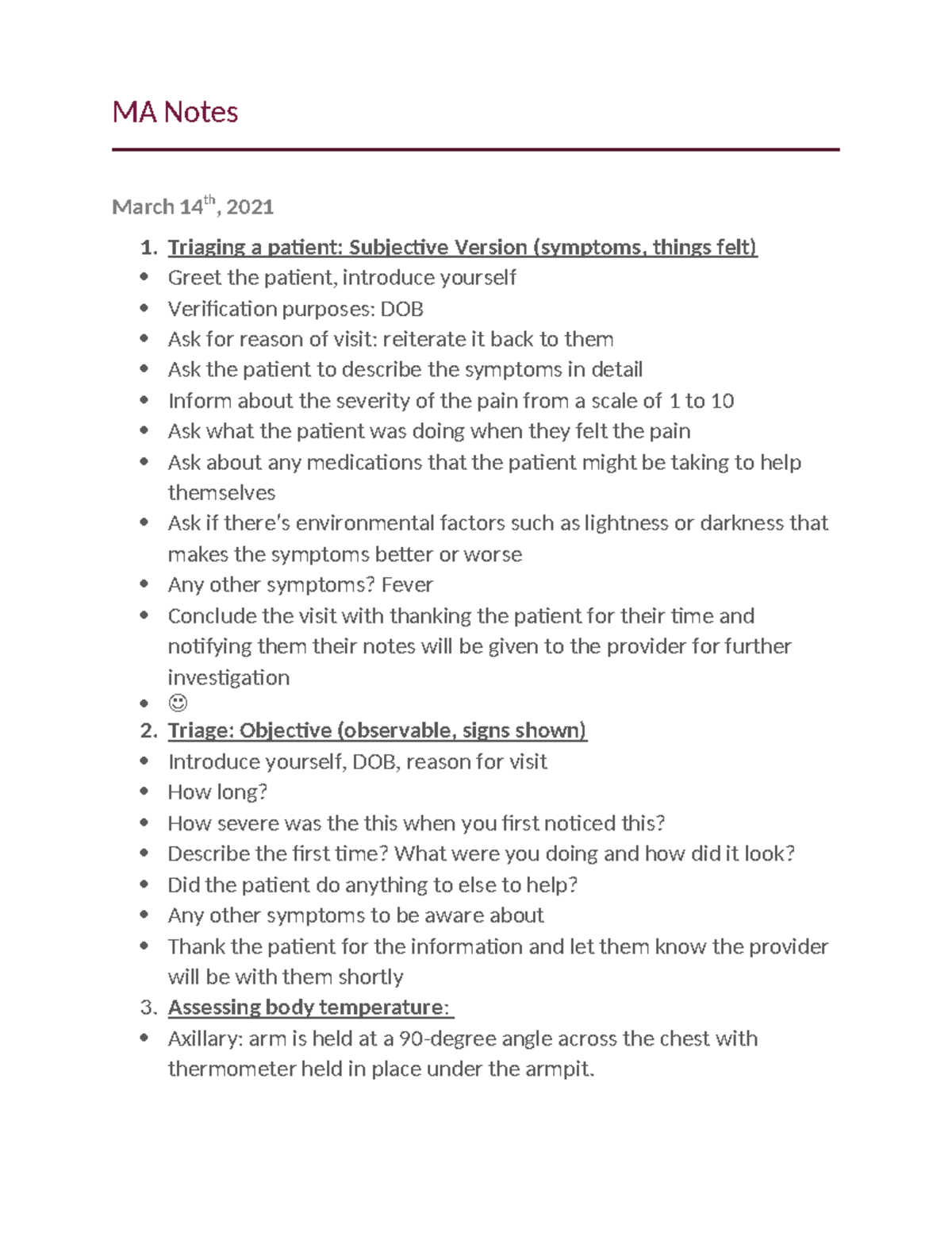 MA Notes - MA Notes March 14 th , 2021 Triaging a patient: Subjective ...