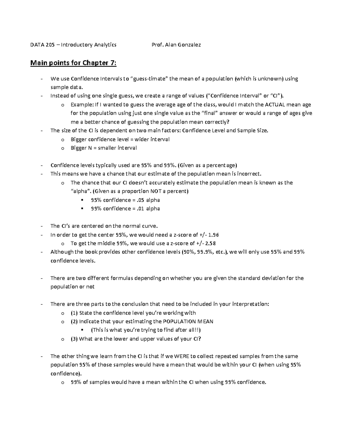 Main Points For Chapter 7 Data 205 Introductory Analytics Prof Alan Gonzalez Main Points