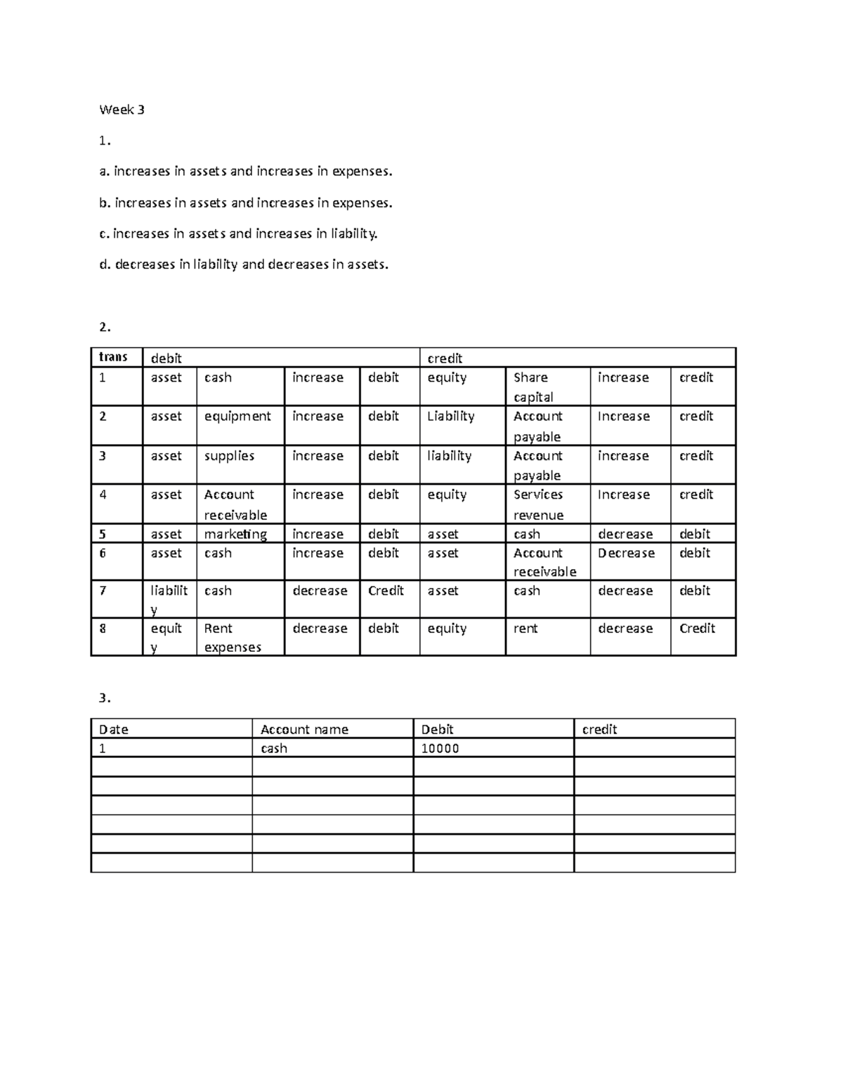 Week 3 tutor q - Week 3 a. increases in assets and increases in ...