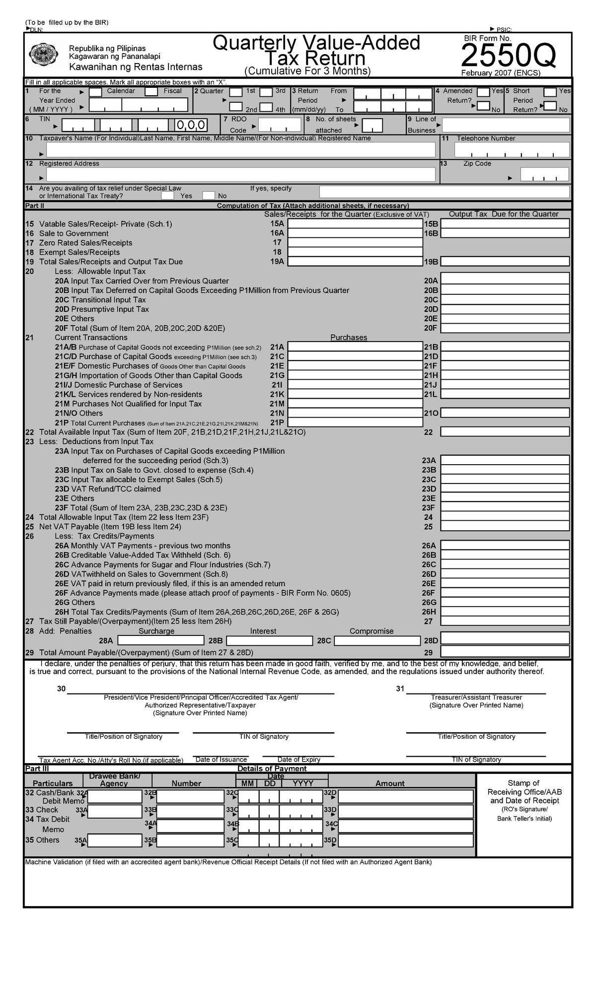 TAX-300 - BIR Form 2550Q - (To Be Filled Up By The BIR) DLN: PSIC: Fill ...