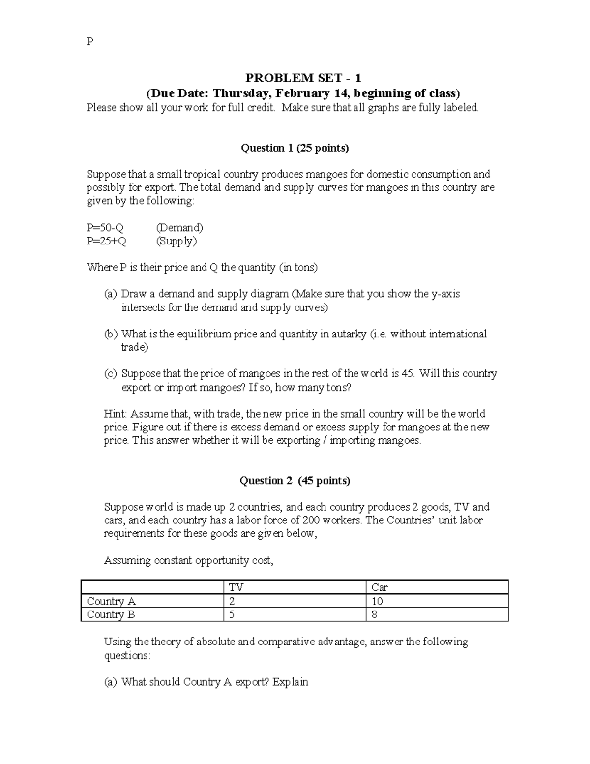HW1 - homework 1 - P PROBLEM SET - 1 (Due Date: Thursday, February 14 ...