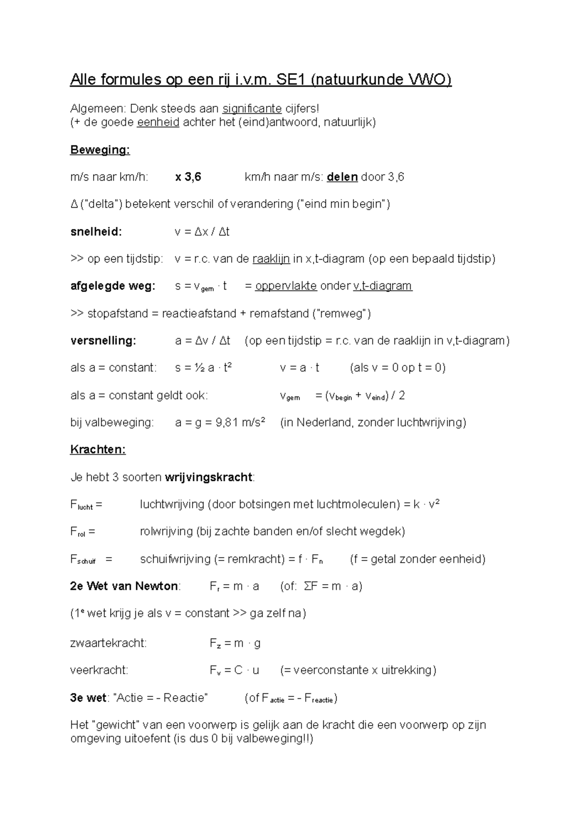 Formules SE1 VWO Voor Natuurkunde (VAVO) - Alle Formules Op Een Rij I.v ...