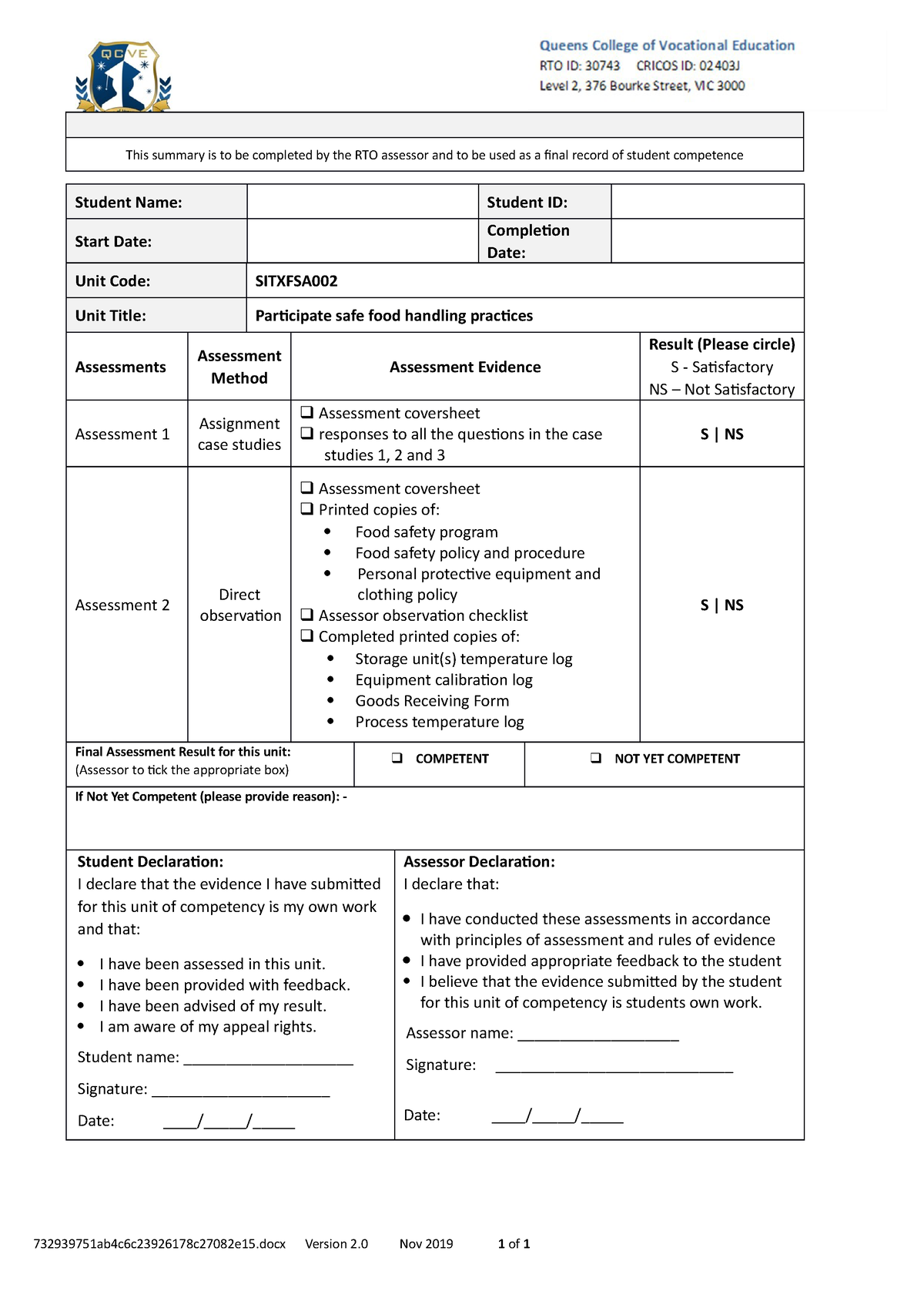 Final Assessment Summary Sheet Sitxfsa 002 Participate safe food ...