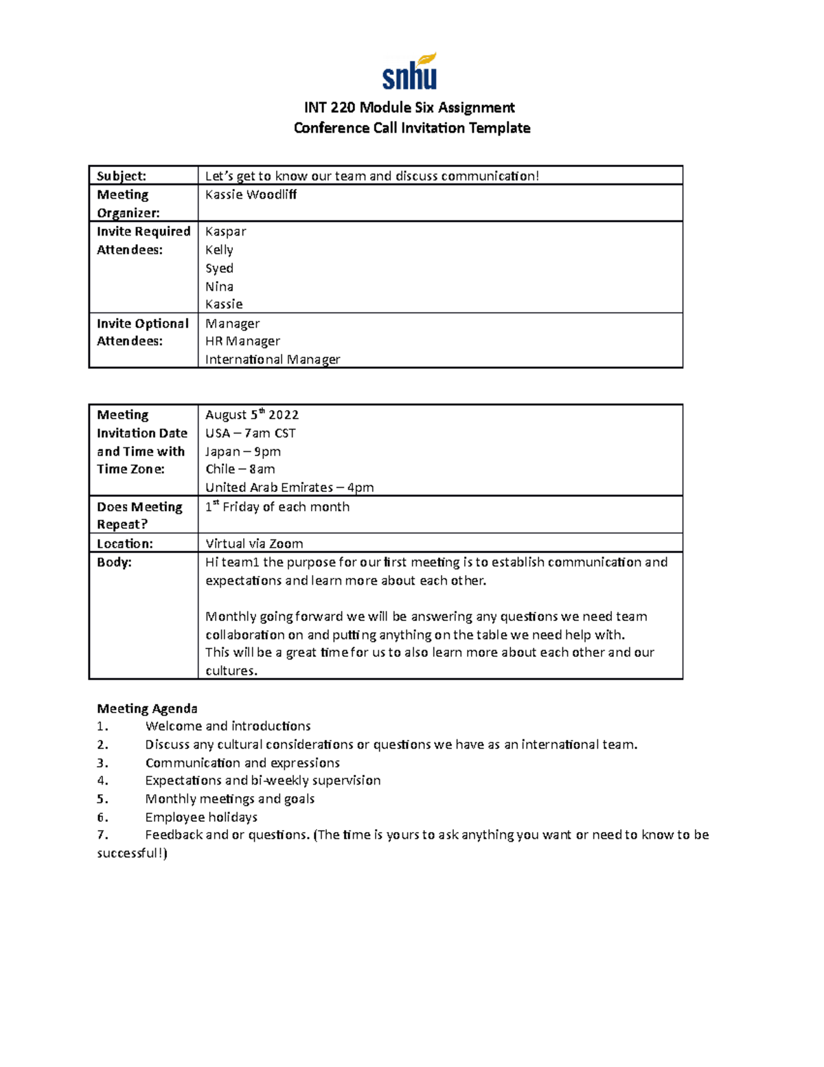 INT 220 Conference Call Invitation - INT 220 Module Six Assignment ...