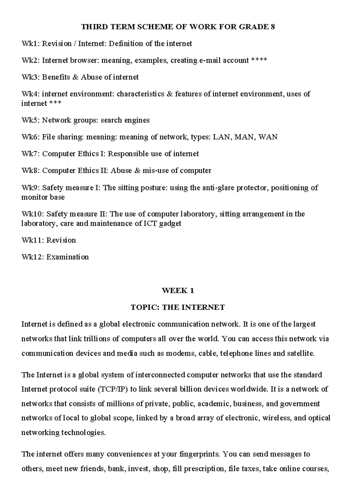 JSS2 ICT Lesson Note Third Term THIRD TERM SCHEME OF WORK FOR GRADE 8