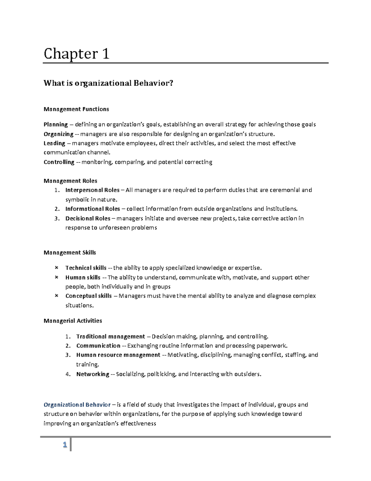 IDC Notes - Chapter 1 What is organizational Behavior? Management ...