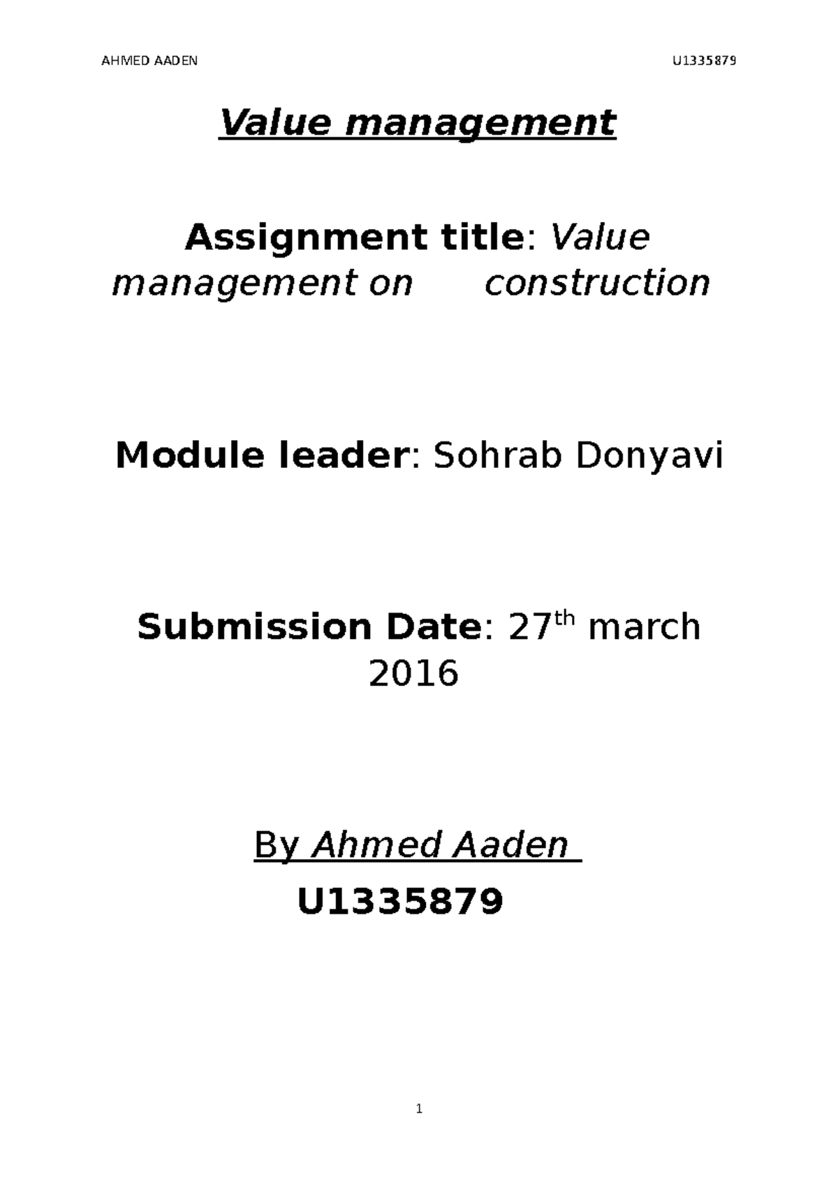 Value management Assignment - - Studocu