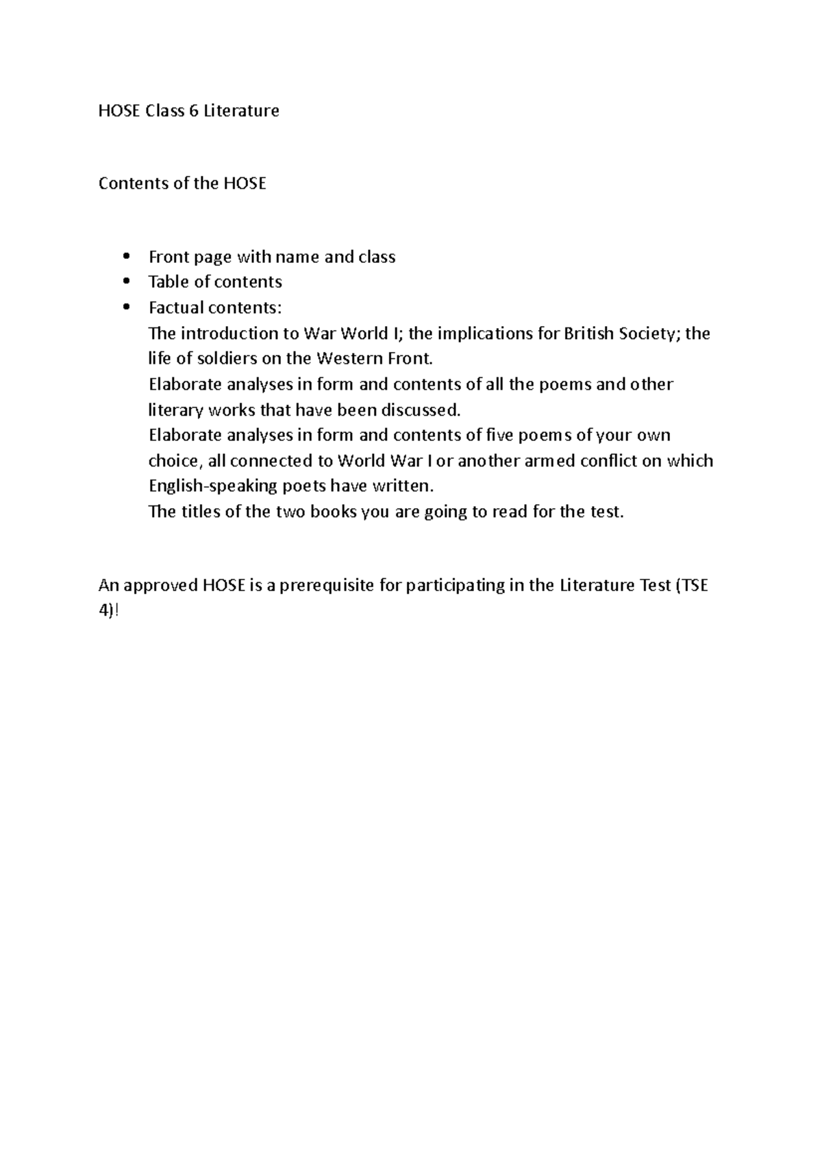 HOSE Class 6 Literature HOSE Class 6 Literature Contents of the HOSE