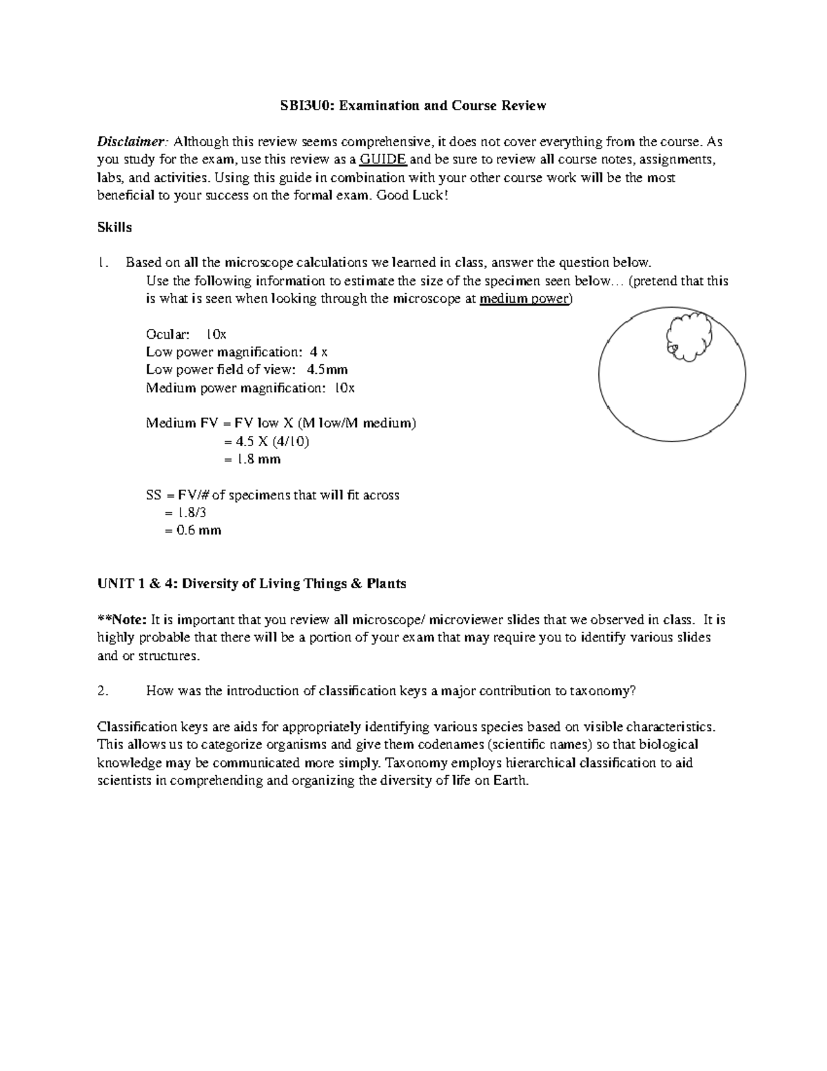 Biology Examination and Course Review Package - SBI3U0: Examination and ...