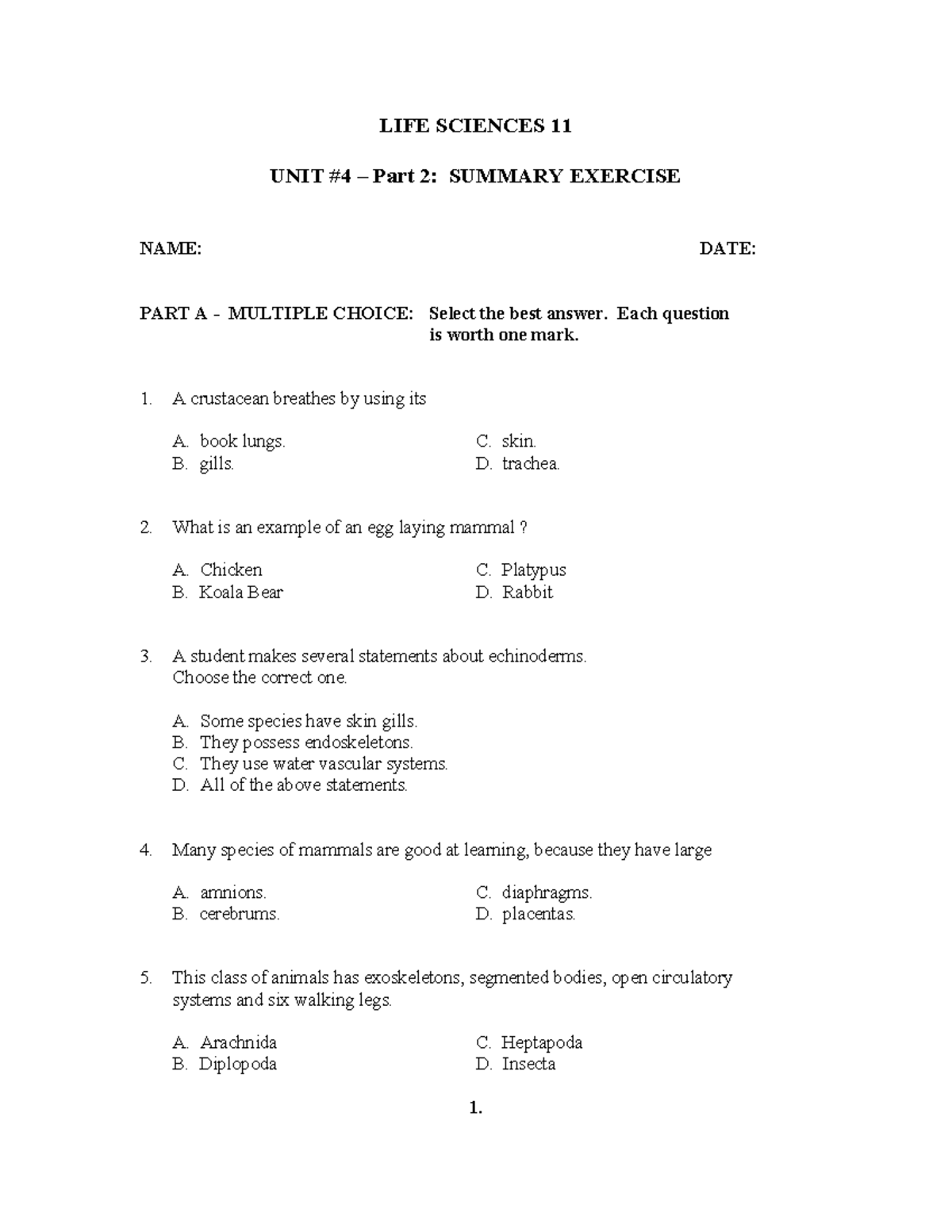 LG 19 animal summary assignment LIFE SCIENCES 11 UNIT 4 Part 2