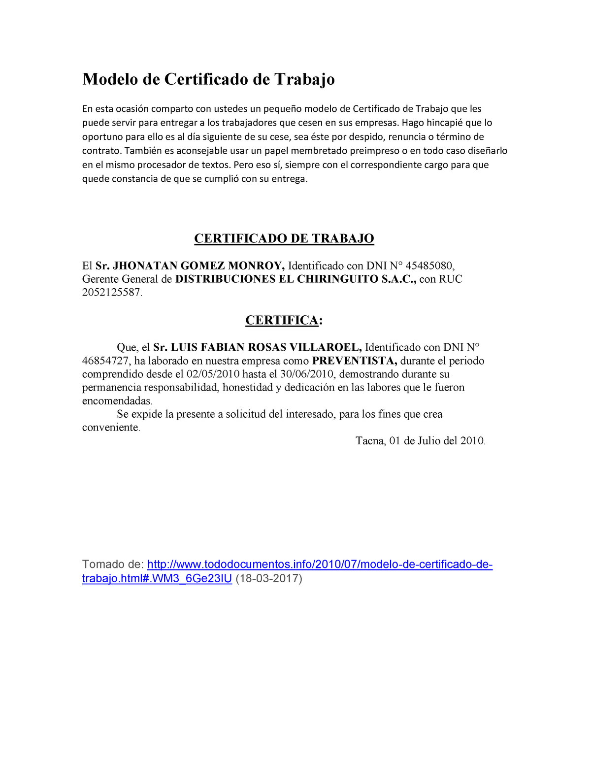 Modelo de certificado de trabajo - Derecho Civil - objetos – derechos  reales y sucesiones - Studocu