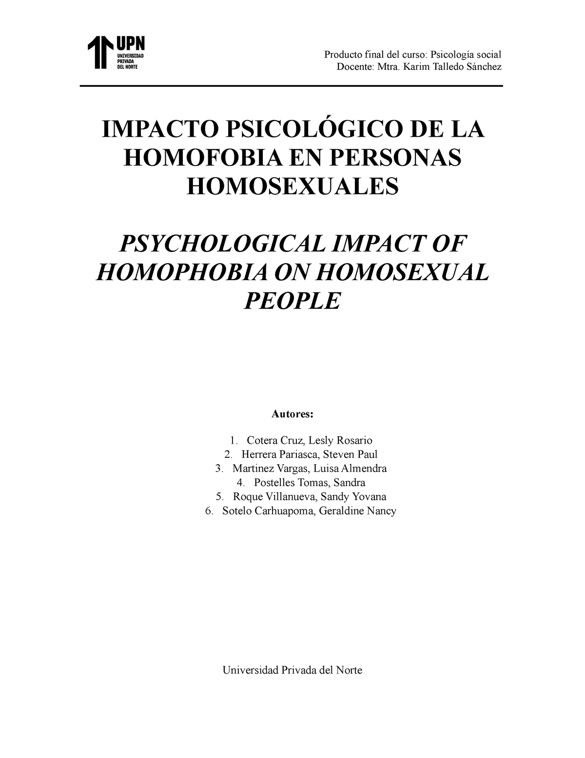 Impacto Psicol Gico De La Homofobia En Personas Homosexuales Grupo Docente Mtra Karim