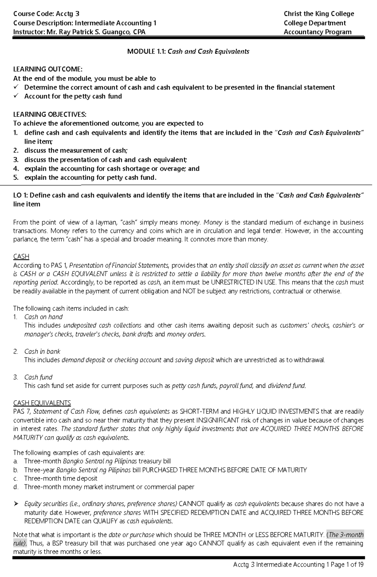 Intermediate Accounting Module 1 (cash and cash equivalents) PAS 7 and