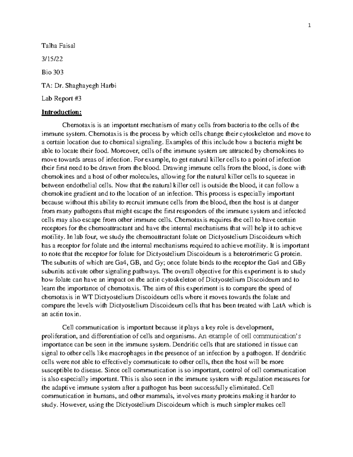 Talha Faisal Lab Report #3 Bio 303 - Talha Faisal 3/15/ Bio 303 TA: Dr ...